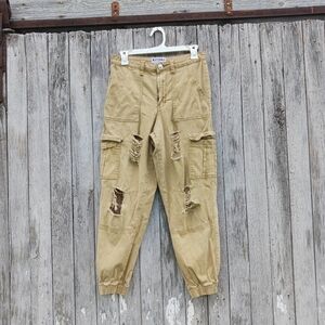 Kreamy Womens Size M Highwaisted Distressed Cargo Joggers Pants Tan